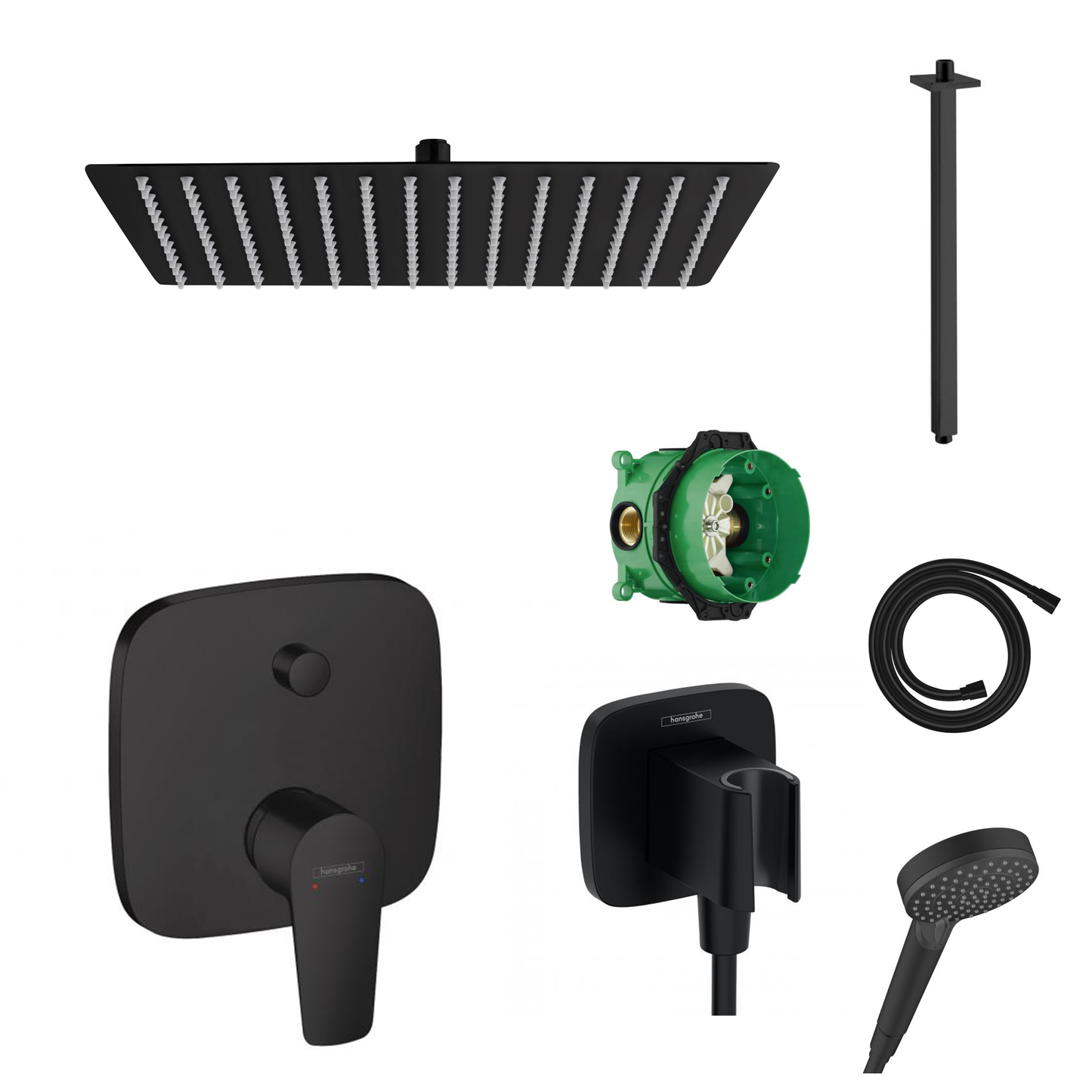 Hansgrohe concealed shower set Porter matt black with wall or ceiling connection and 2-in-1 hand shower holder including connection elbow