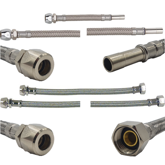 Flex extension 3/8 x 3/8 & RS armored hose DVGW made of stainless steel 150-500mm