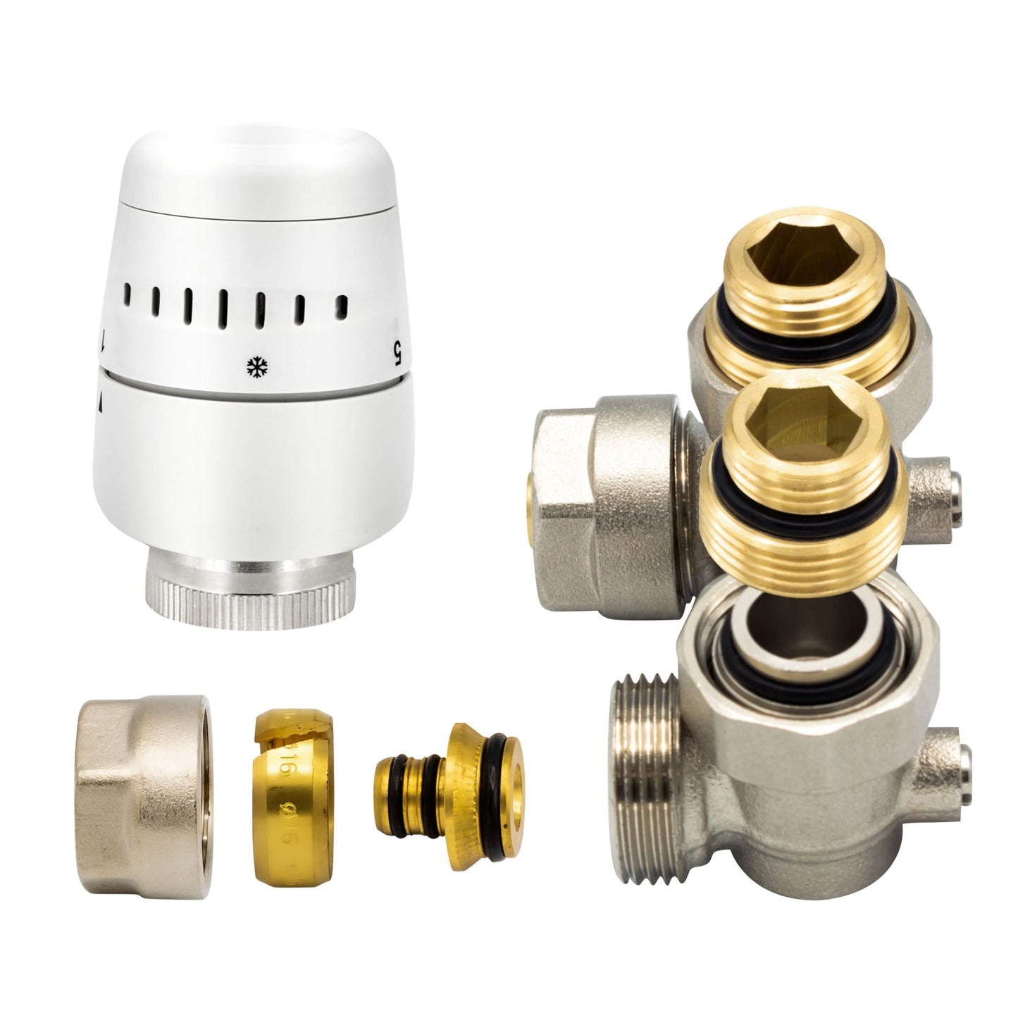 BELRAD H-Block - Komplettes Heizkörper-Anschlussset - Eckform - Wandanschluss - mit Thermostatkopf - M30 - 1/2" × 16/2 - Nickel / Weiß