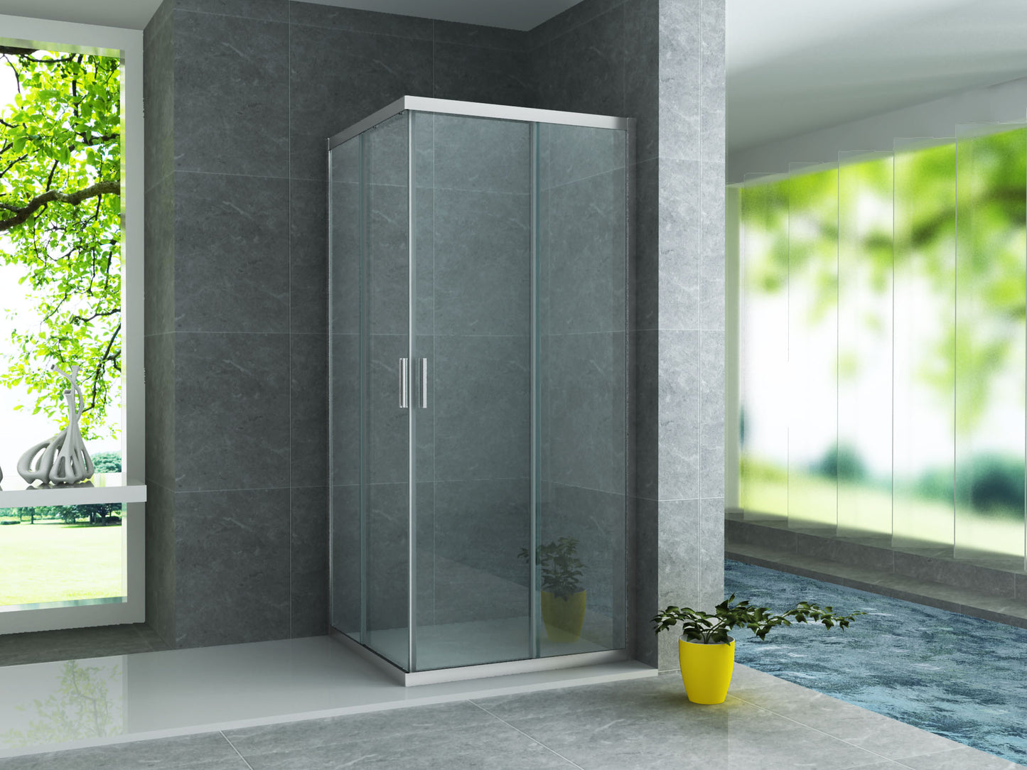 Corner entry shower cubicle with 2 sliding doors niche chrome nano glass