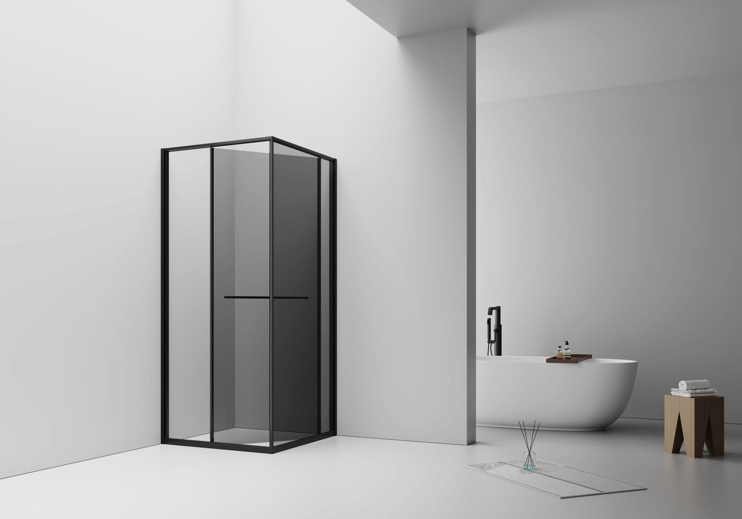 INSLIDE Duschkabine – Platzsparende Schiebetür (nach innen öffnend) – 90×90×200 cm – Matt Schwarz – Graues Smoke-Glas – 6 mm ESG