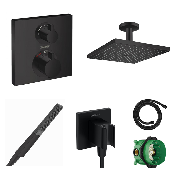 Ensemble de douche à encastrer Hansgrohe Ecostat Square noir mat avec raccordement au mur ou au plafond et support de douchette 2 en 1 avec coude de raccordement