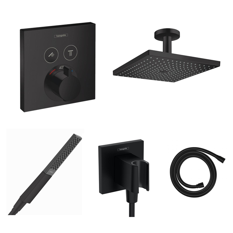 Hansgrohe concealed shower set ShowerSelect matt black with wall or ceiling connection and 2-in-1 hand shower holder including connection elbow