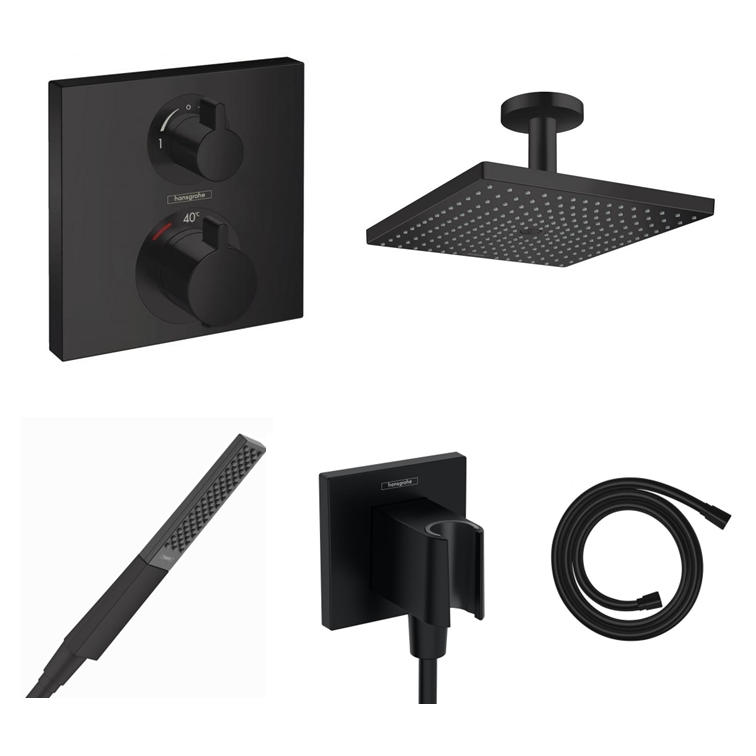 Ensemble de douche à encastrer Hansgrohe Ecostat Square noir mat avec raccordement au mur ou au plafond et support de douchette 2 en 1 avec coude de raccordement