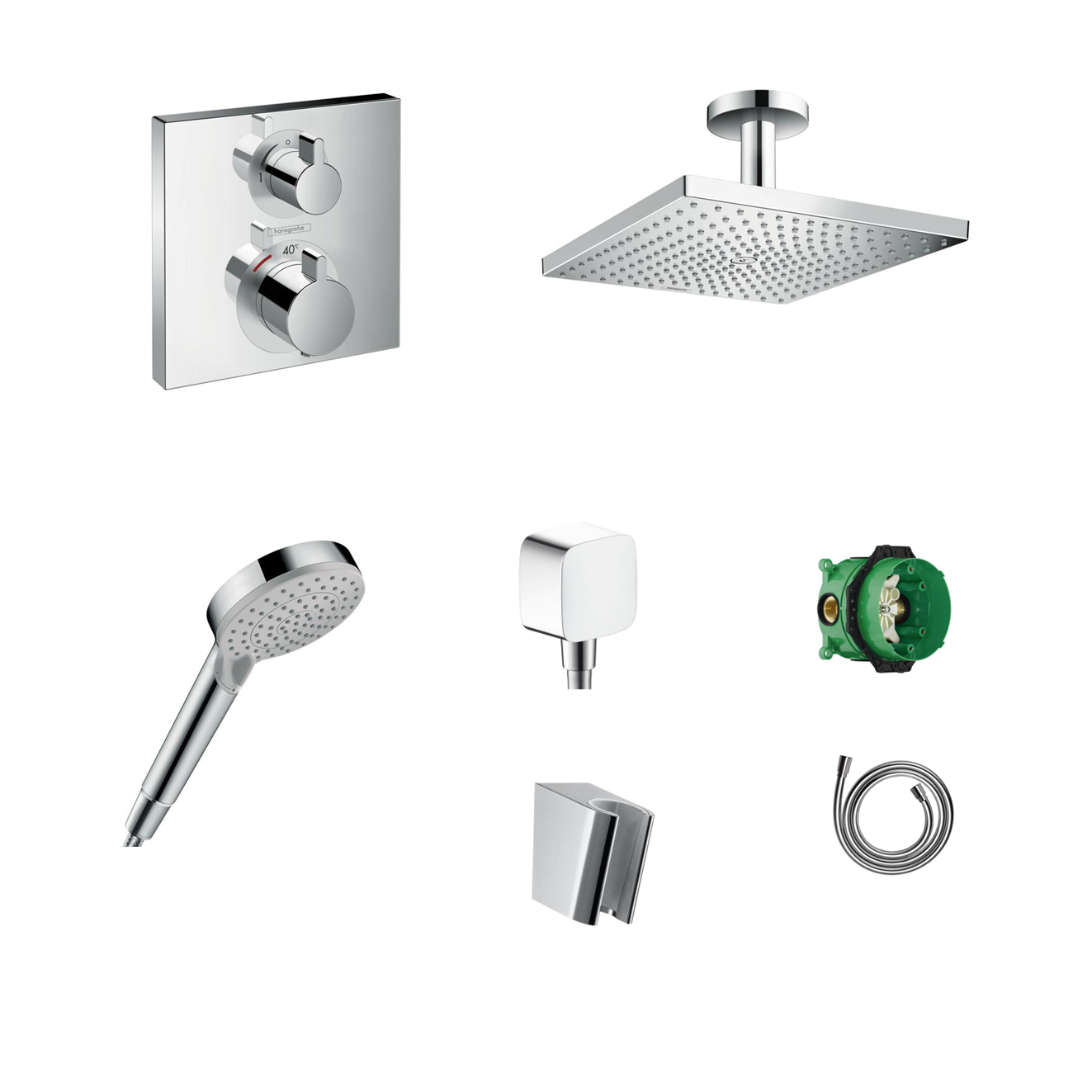 Hansgrohe Ecostat Square concealed shower set with ceiling or wall connection and 2-in-1 hand shower holder including connection elbow