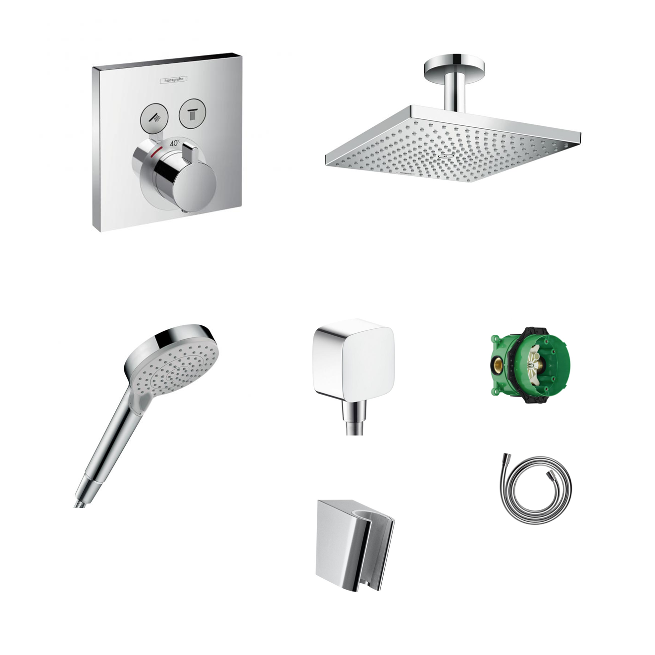 Ensemble de douche à encastrer Hansgrohe ShowerSelect avec raccordement au plafond ou au mur et support de douchette 2 en 1 avec coude de raccordement