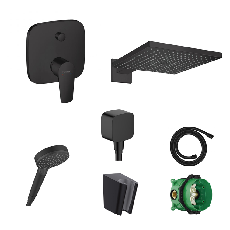 Hansgrohe concealed shower set Porter matt black with wall or ceiling connection and 2-in-1 hand shower holder including connection elbow