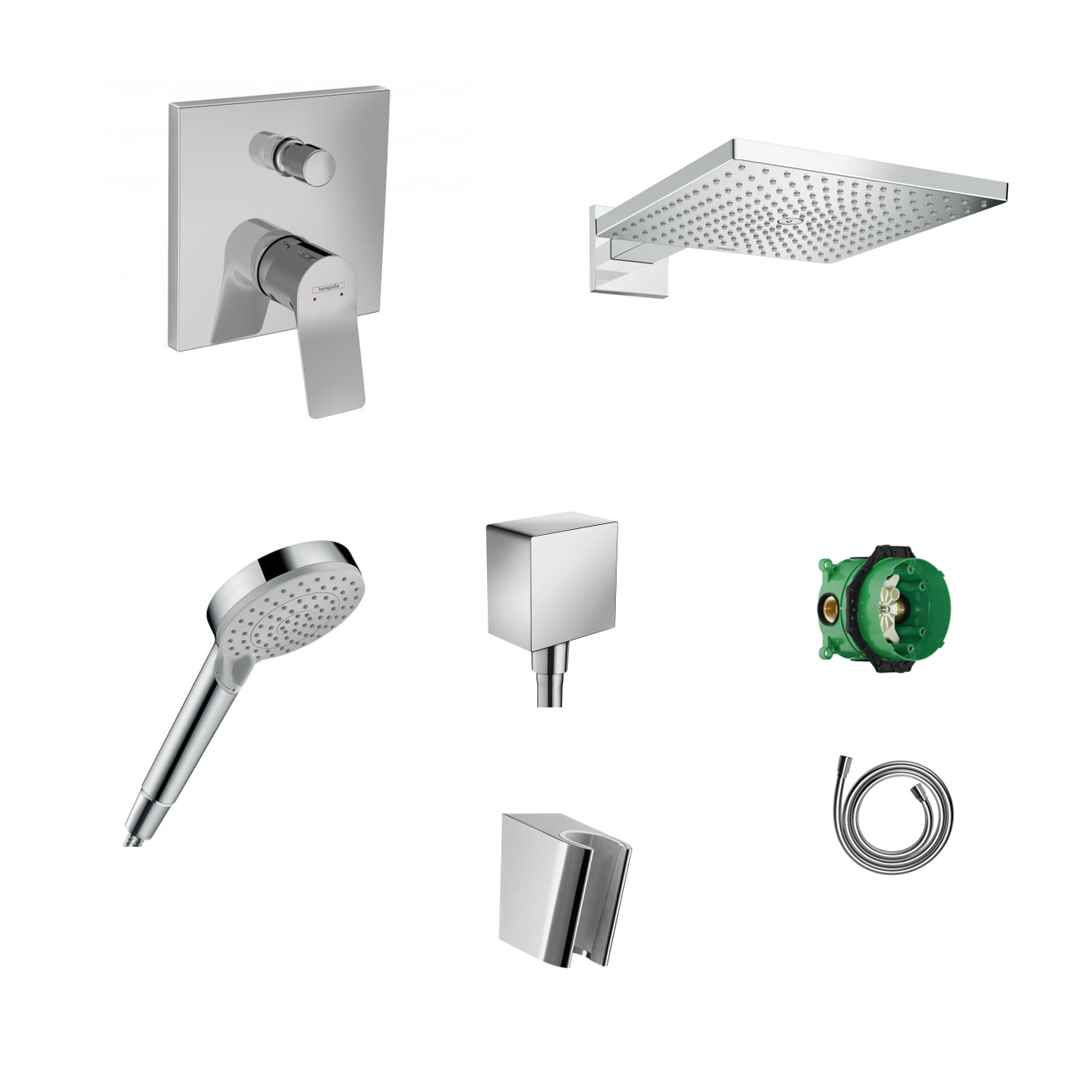 Hansgrohe Vivenis concealed shower set with ceiling or wall connection and 2-in-1 hand shower holder including connection elbow