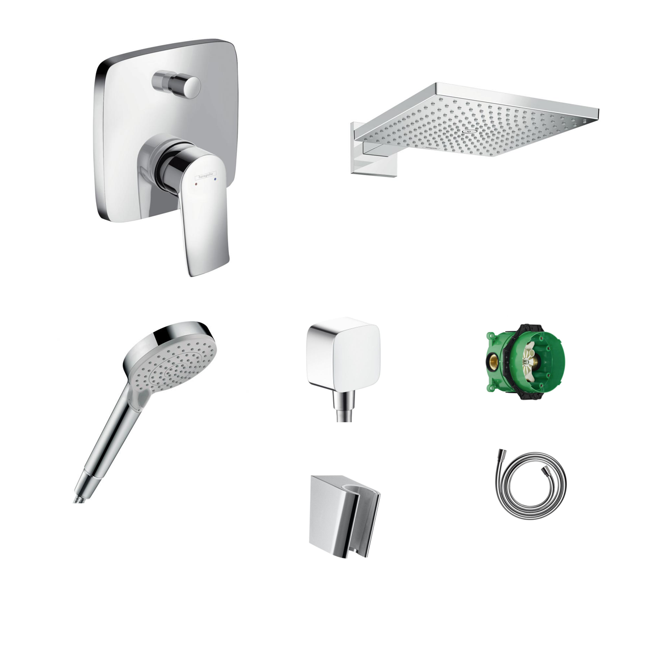 Hansgrohe Vivenis concealed shower set with ceiling or wall connection and 2-in-1 hand shower holder including connection elbow