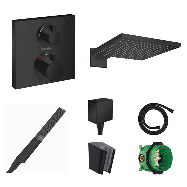 Ensemble de douche à encastrer Hansgrohe Ecostat Square noir mat avec raccordement au mur ou au plafond et support de douchette 2 en 1 avec coude de raccordement