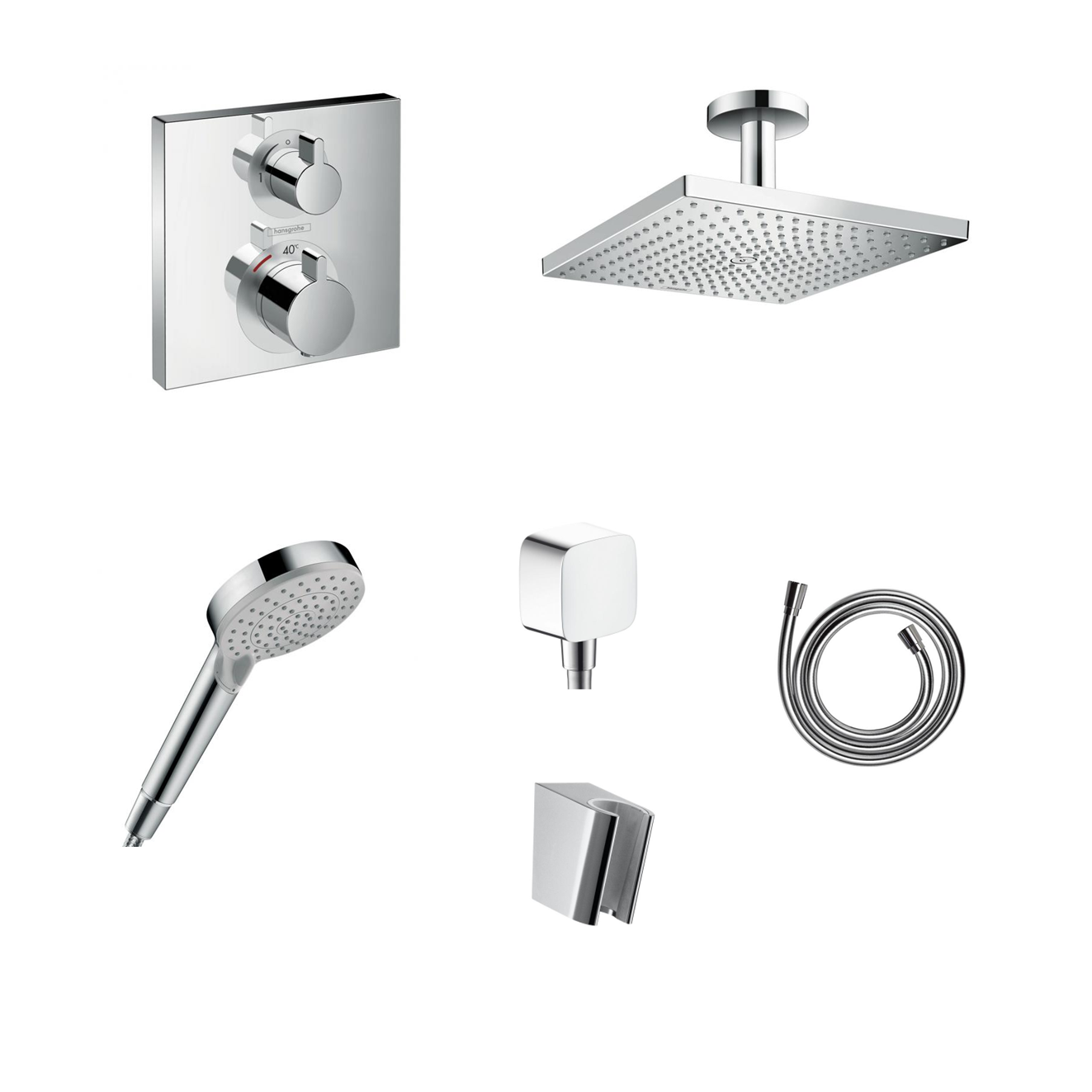 Hansgrohe Ecostat Square concealed shower set with ceiling or wall connection and 2-in-1 hand shower holder including connection elbow