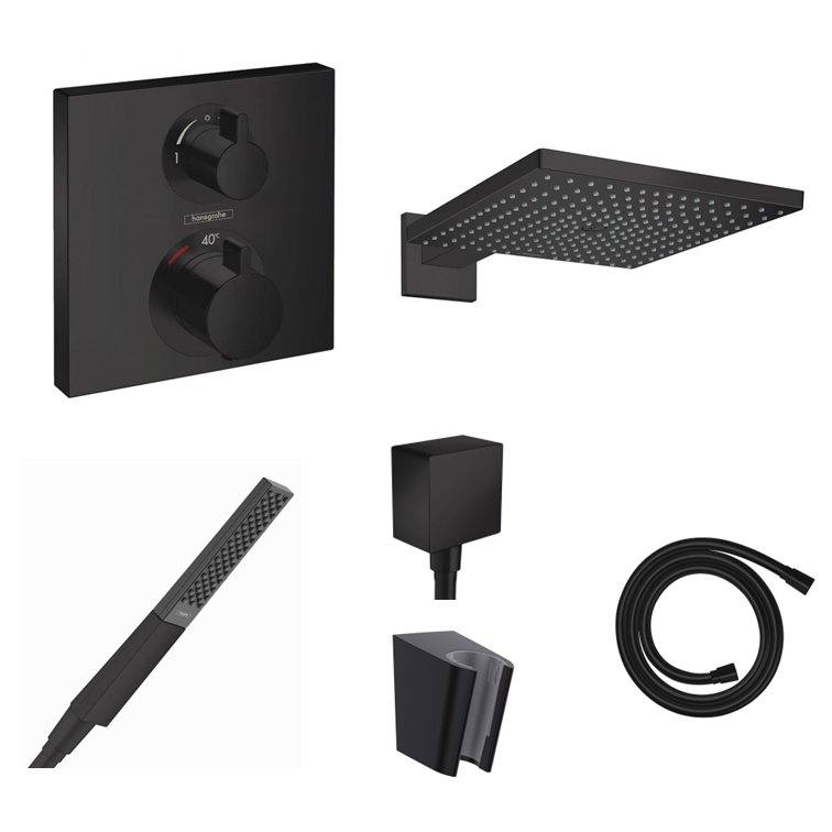 Ensemble de douche à encastrer Hansgrohe Ecostat Square noir mat avec raccordement au mur ou au plafond et support de douchette 2 en 1 avec coude de raccordement