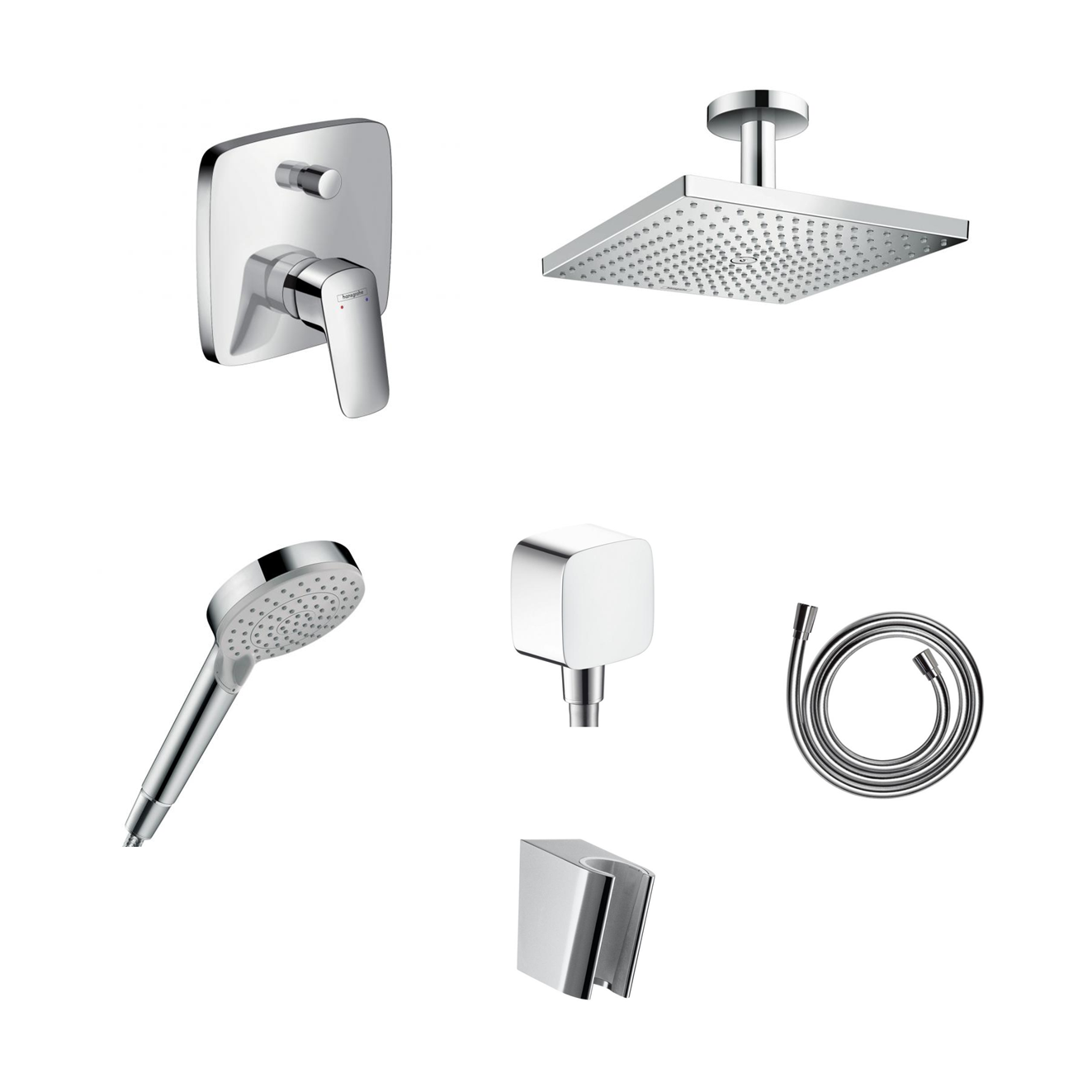 Hansgrohe Logis concealed shower set with ceiling or wall connection and 2-in-1 hand shower holder including connection elbow