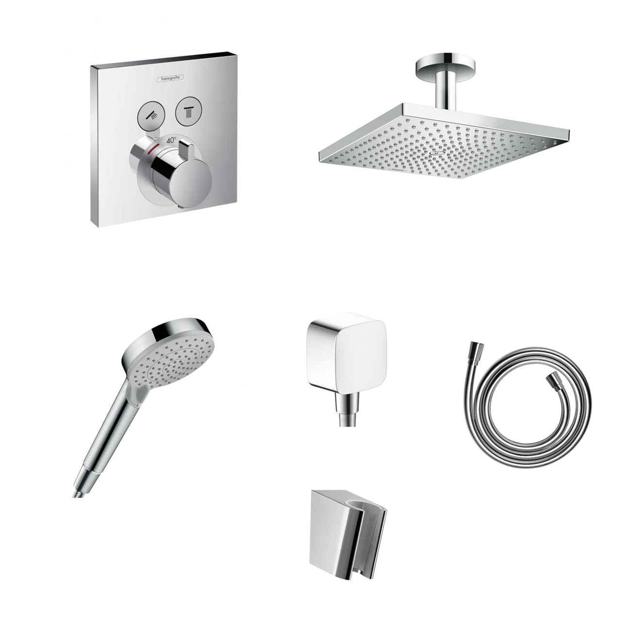 Ensemble de douche à encastrer Hansgrohe ShowerSelect avec raccordement au plafond ou au mur et support de douchette 2 en 1 avec coude de raccordement