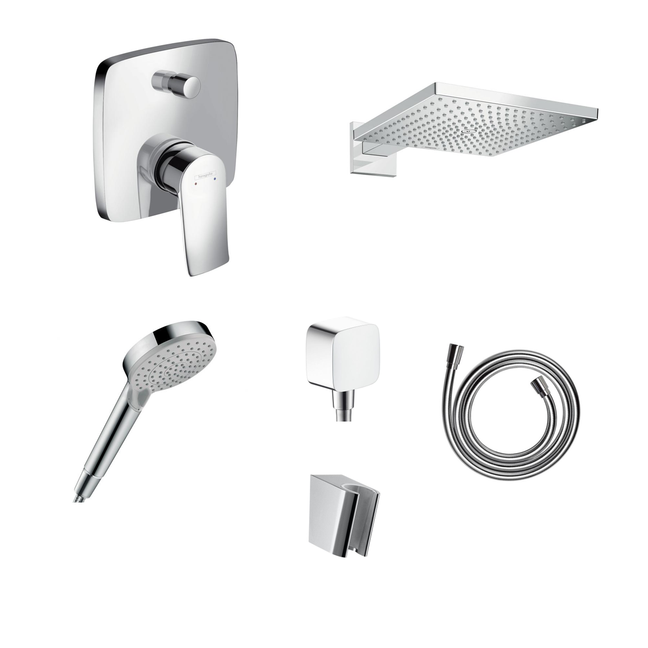 Hansgrohe Vivenis concealed shower set with ceiling or wall connection and 2-in-1 hand shower holder including connection elbow