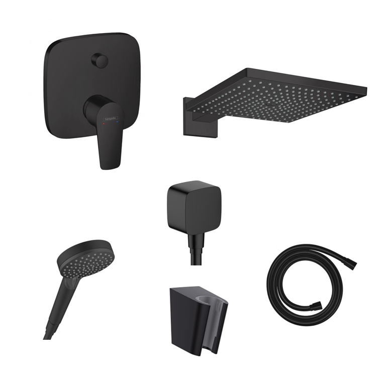 Hansgrohe concealed shower set Porter matt black with wall or ceiling connection and 2-in-1 hand shower holder including connection elbow