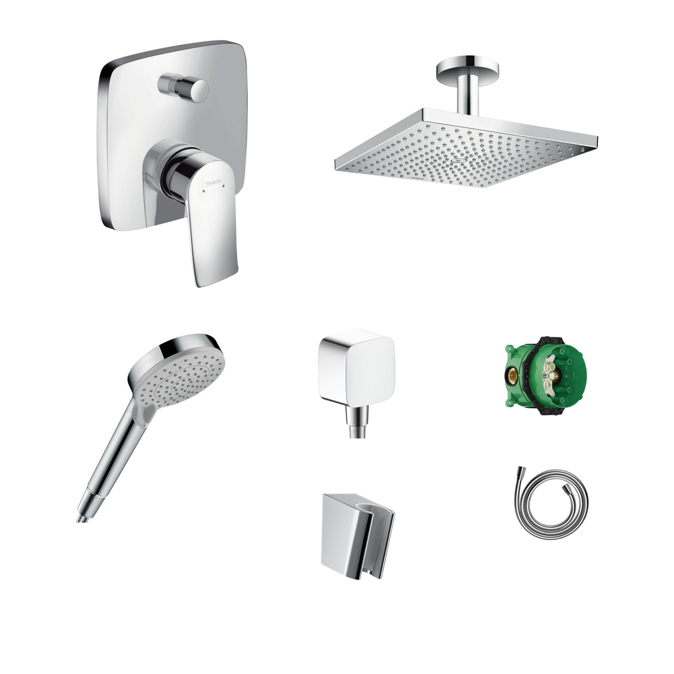 Hansgrohe Vivenis concealed shower set with ceiling or wall connection and 2-in-1 hand shower holder including connection elbow