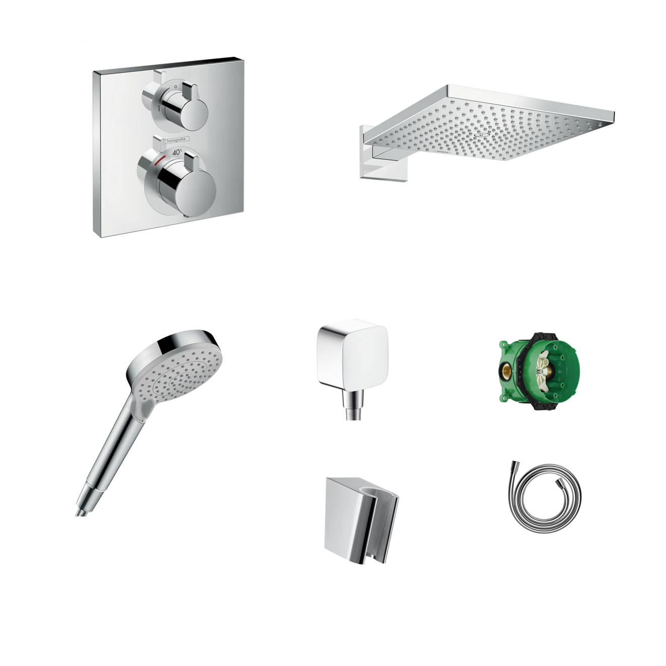 Hansgrohe Ecostat Square concealed shower set with ceiling or wall connection and 2-in-1 hand shower holder including connection elbow