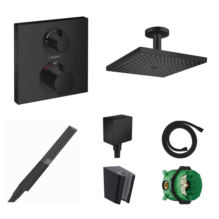 Hansgrohe concealed shower set Ecostat Square matt black with wall or ceiling connection and 2-in-1 hand shower holder including connection elbow