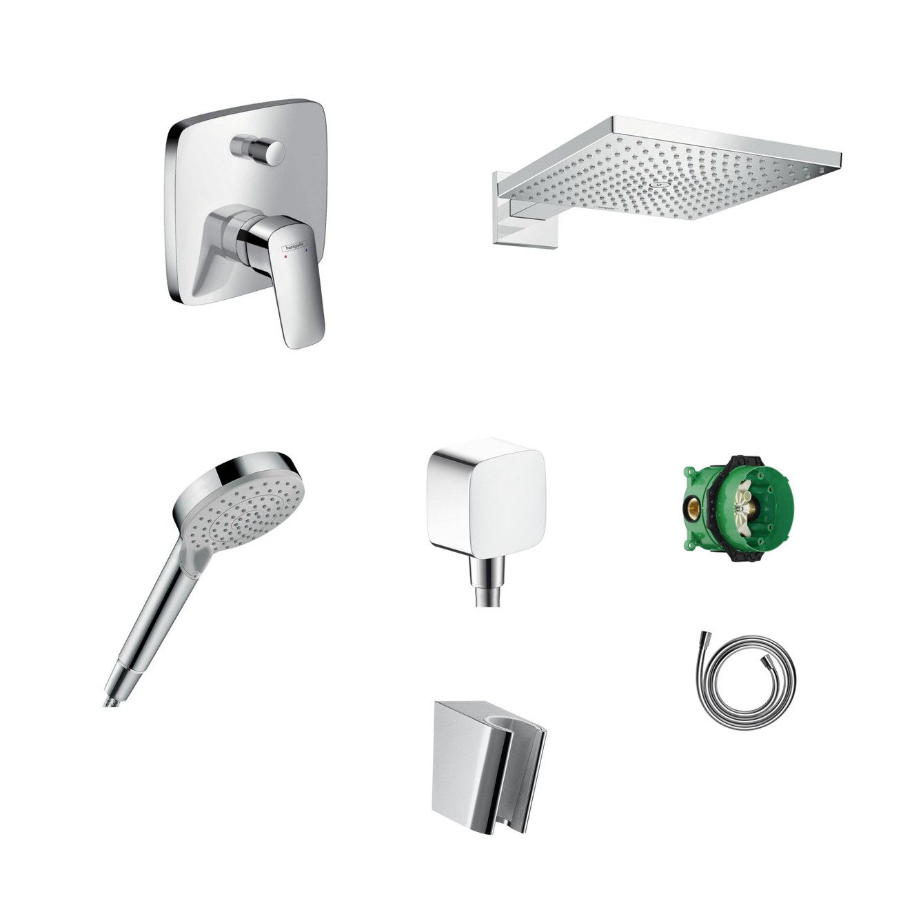 Hansgrohe Logis concealed shower set with ceiling or wall connection and 2-in-1 hand shower holder including connection elbow