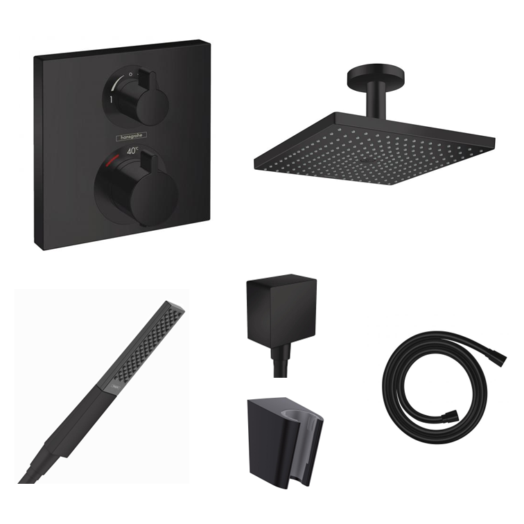 Ensemble de douche à encastrer Hansgrohe Ecostat Square noir mat avec raccordement au mur ou au plafond et support de douchette 2 en 1 avec coude de raccordement