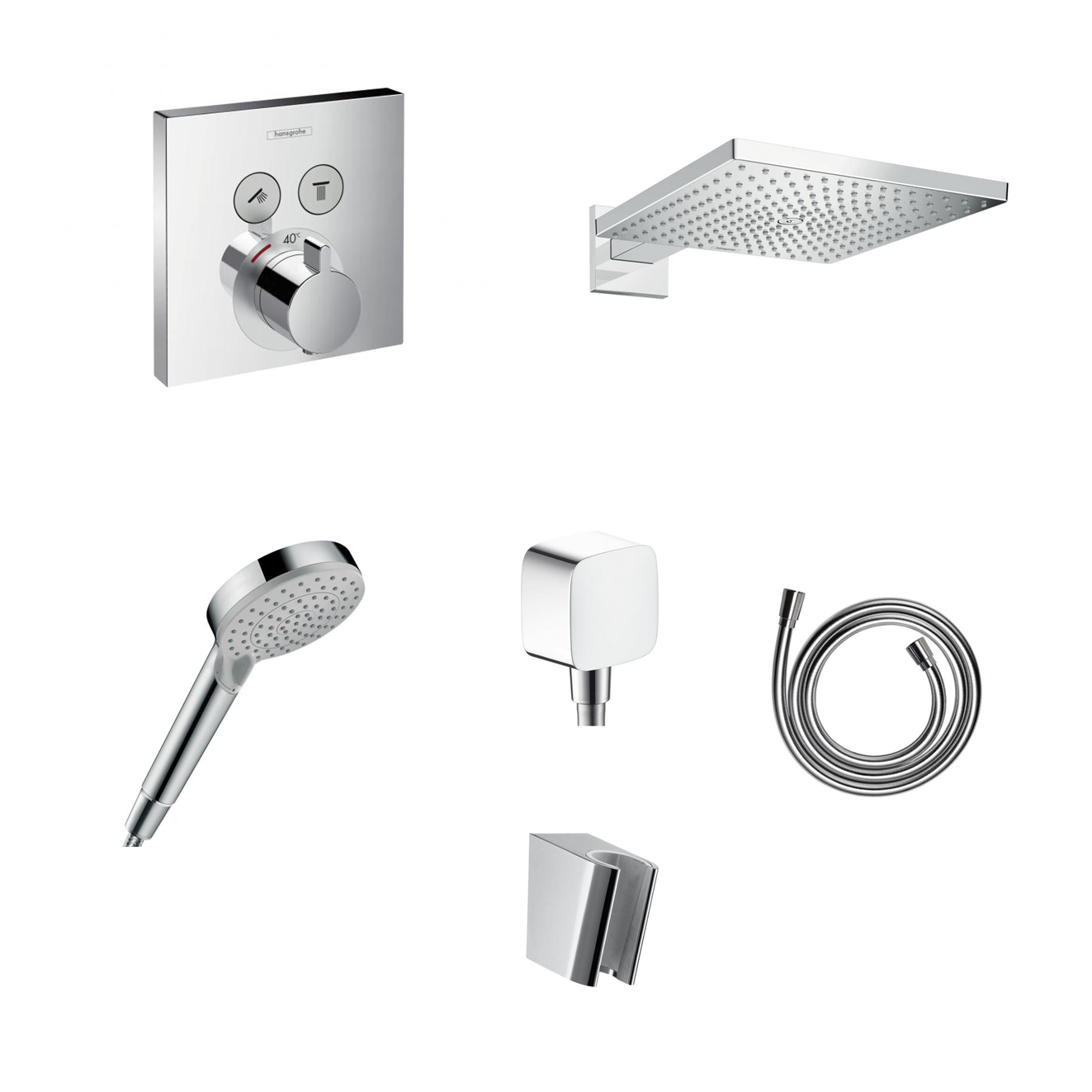 Ensemble de douche à encastrer Hansgrohe ShowerSelect avec raccordement au plafond ou au mur et support de douchette 2 en 1 avec coude de raccordement