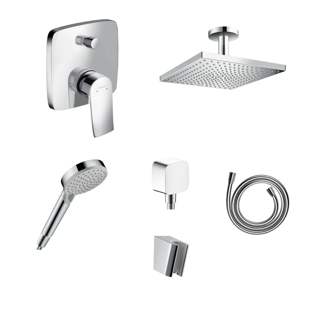 Hansgrohe Vivenis concealed shower set with ceiling or wall connection and 2-in-1 hand shower holder including connection elbow