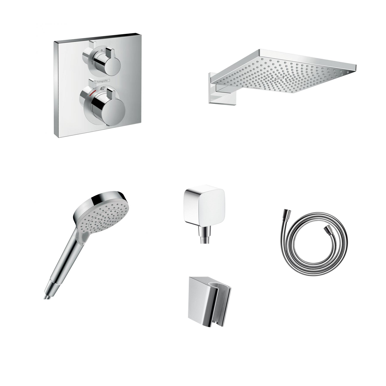 Hansgrohe Ecostat Square concealed shower set with ceiling or wall connection and 2-in-1 hand shower holder including connection elbow