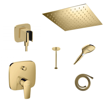 Ensemble de douche à encastrer Hansgrohe Porter Gold avec raccordement au mur ou au plafond et support de douchette 2 en 1 avec coude de raccordement