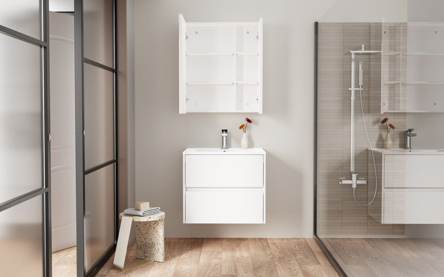 Oase AL Hayat Spiegelschrank - 60 cm und 80 cm, Asymmetrische Einzelseitige Spiegel-Türen, 4 höhenverstellbare Regale