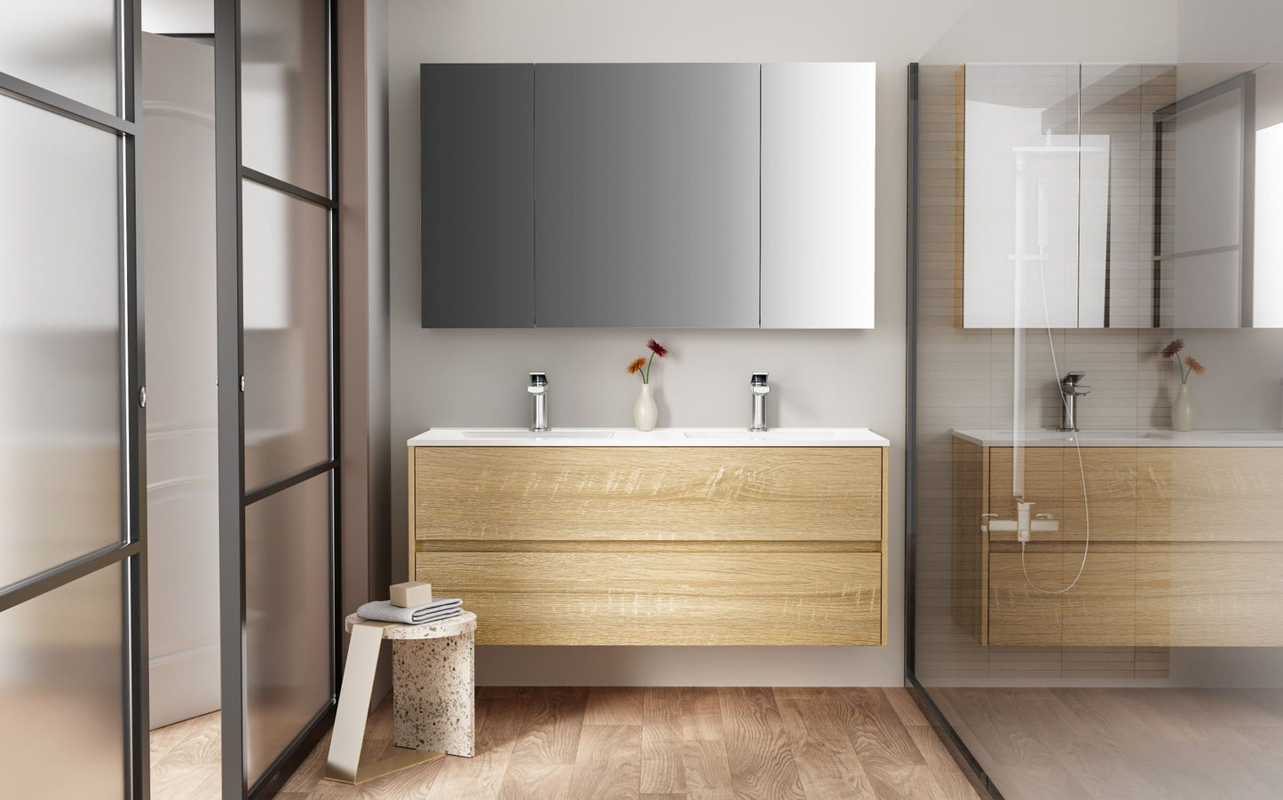 Oase AL Hayat Spiegelschrank - 120 cm, 3 asymmetrische, einseitige Spiegeltüren, 6 höhenverstellbare Regale