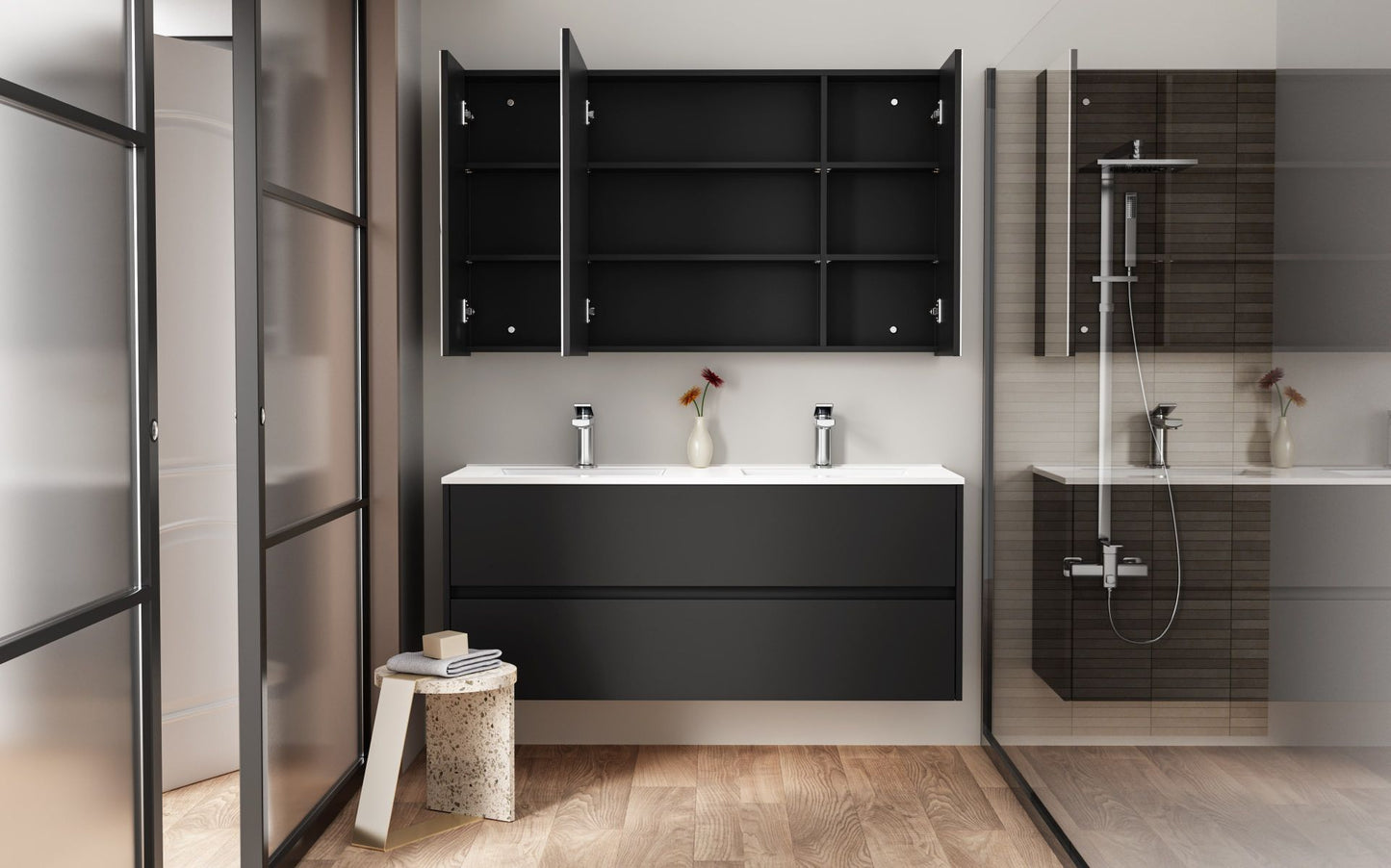 Oase AL Hayat Spiegelschrank - 120 cm, 3 asymmetrische, einseitige Spiegeltüren, 6 höhenverstellbare Regale