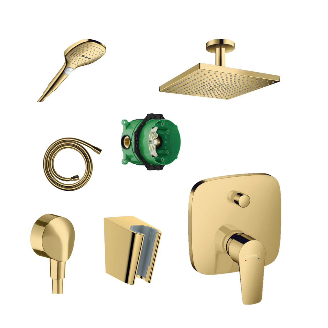 Hansgrohe Unterputz Dusch-Set Porter Gold separater Anschlussbogen mit Wand- oder Deckenanschluss ohne EcoSmart