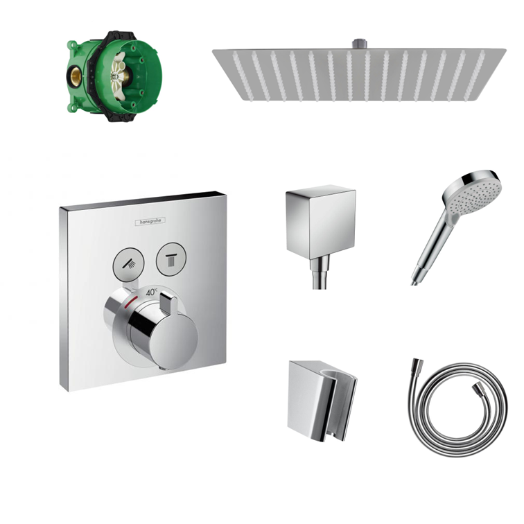 Ensemble de douche à encastrer Hansgrohe ShowerSelect avec raccordement au plafond ou au mur et support de douchette 2 en 1 avec coude de raccordement