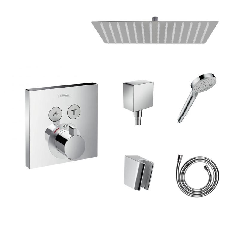 Ensemble de douche à encastrer Hansgrohe ShowerSelect avec raccordement au plafond ou au mur et support de douchette 2 en 1 avec coude de raccordement