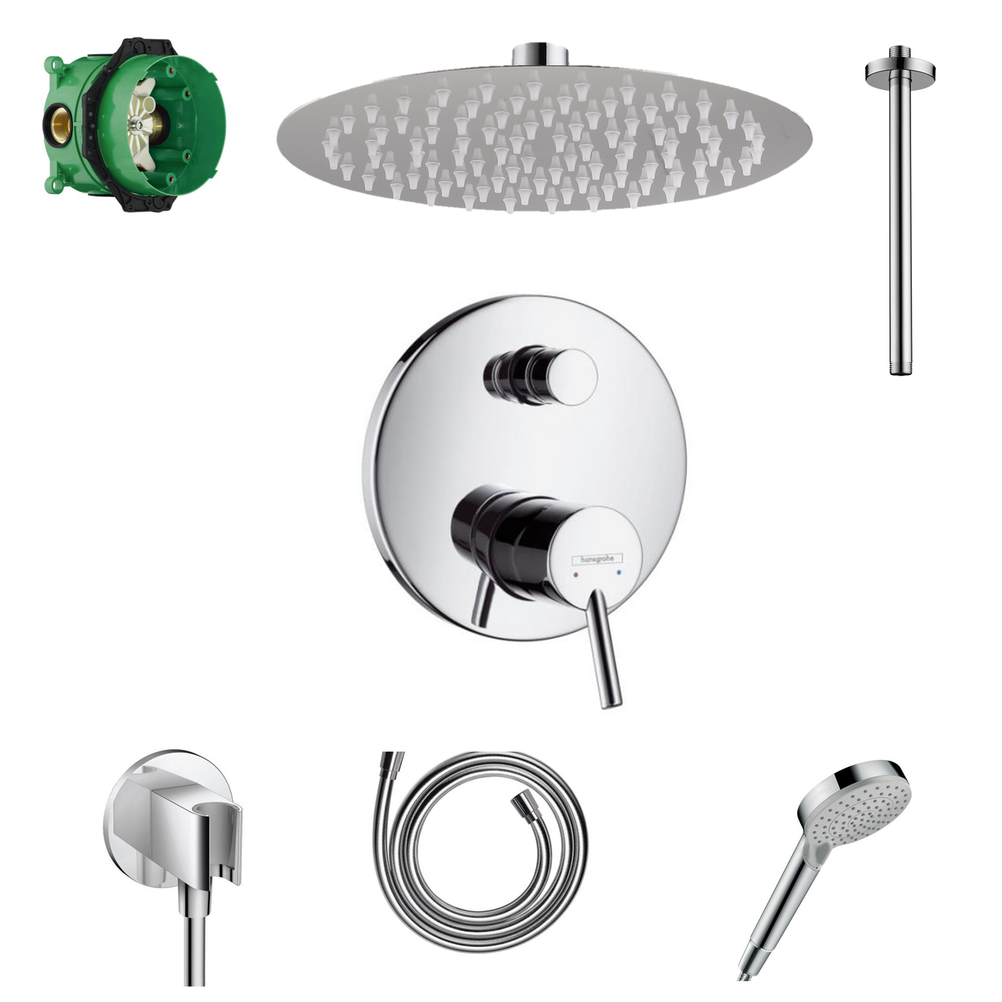 Ensemble de douche à encastrer Hansgrohe Talis S avec raccordement au plafond ou au mur et support de douchette 2 en 1 avec coude de raccordement