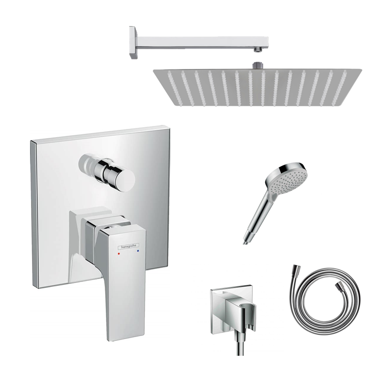 Hansgrohe Ecostat Square concealed shower set with ceiling or wall connection and 2-in-1 hand shower holder including connection elbow