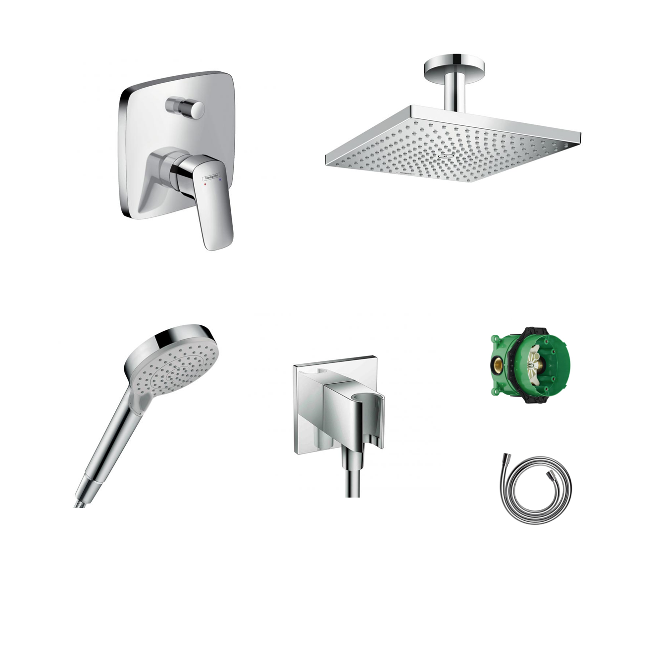 Ensemble de douche à encastrer Hansgrohe Logis avec raccordement au plafond ou au mur et support de douchette 2 en 1 avec coude de raccordement