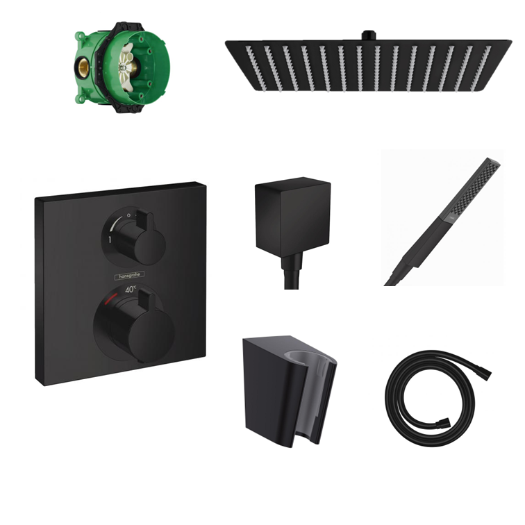 Ensemble de douche à encastrer Hansgrohe Ecostat Square noir mat avec raccordement au mur ou au plafond et support de douchette 2 en 1 avec coude de raccordement