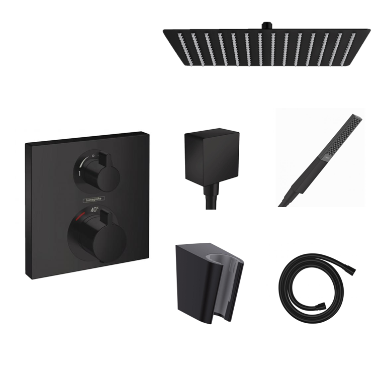 Hansgrohe concealed shower set Ecostat Square matt black with wall or ceiling connection and 2-in-1 hand shower holder including connection elbow