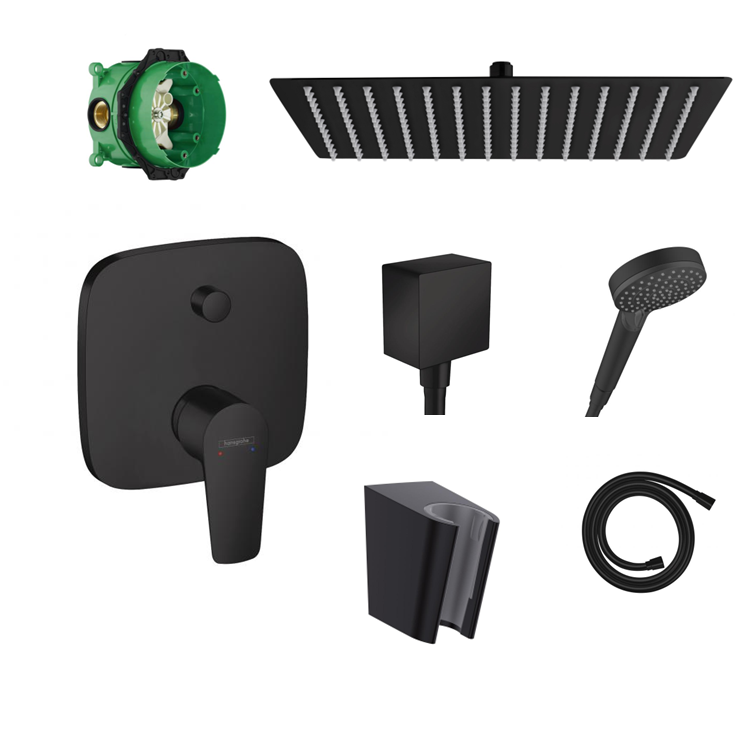 Ensemble de douche à encastrer Hansgrohe Porter noir mat avec raccordement au mur ou au plafond et support de douchette 2 en 1 avec coude de raccordement