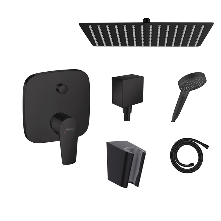 Ensemble de douche à encastrer Hansgrohe Porter noir mat avec raccordement au mur ou au plafond et support de douchette 2 en 1 avec coude de raccordement