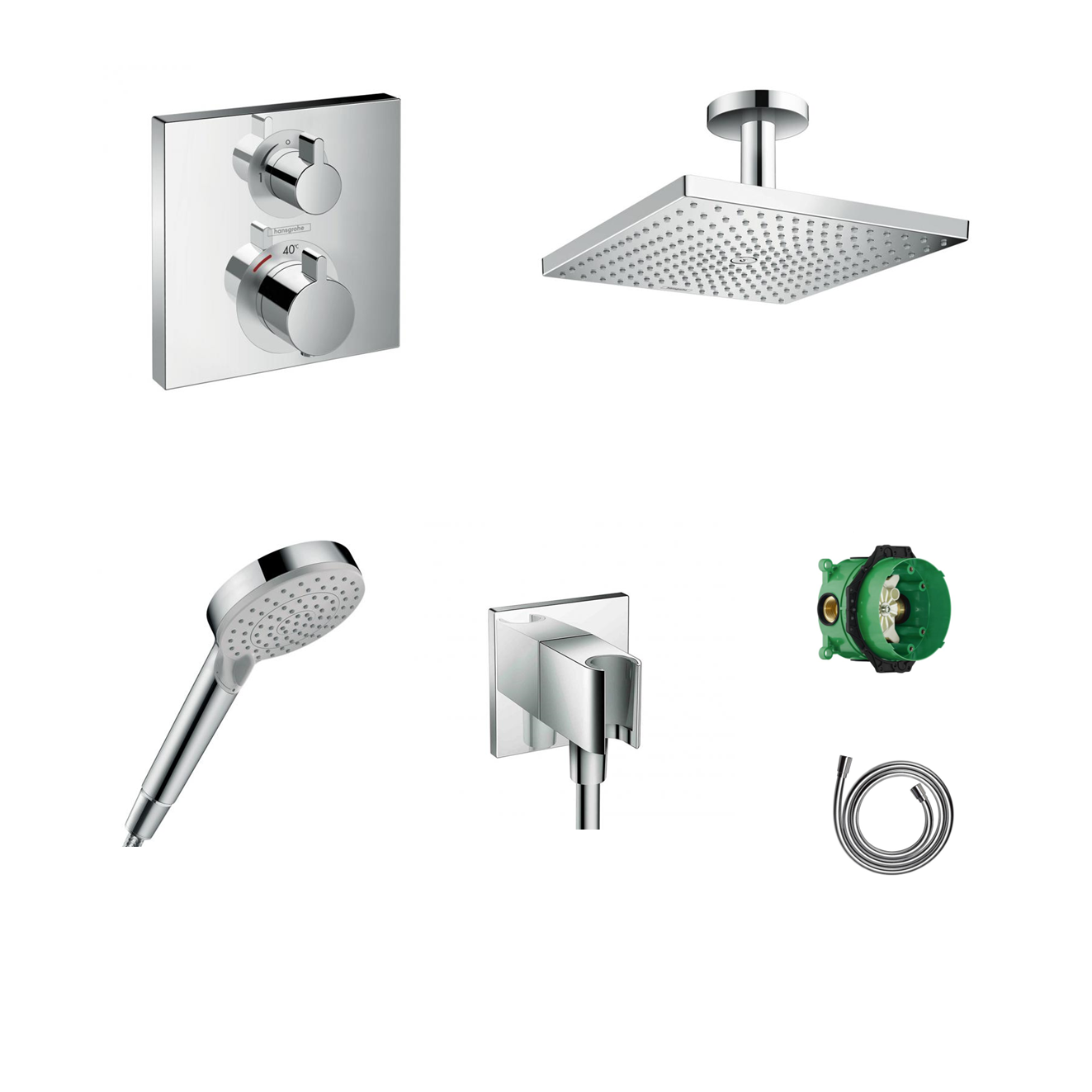 Hansgrohe Ecostat Square concealed shower set with ceiling or wall connection and 2-in-1 hand shower holder including connection elbow