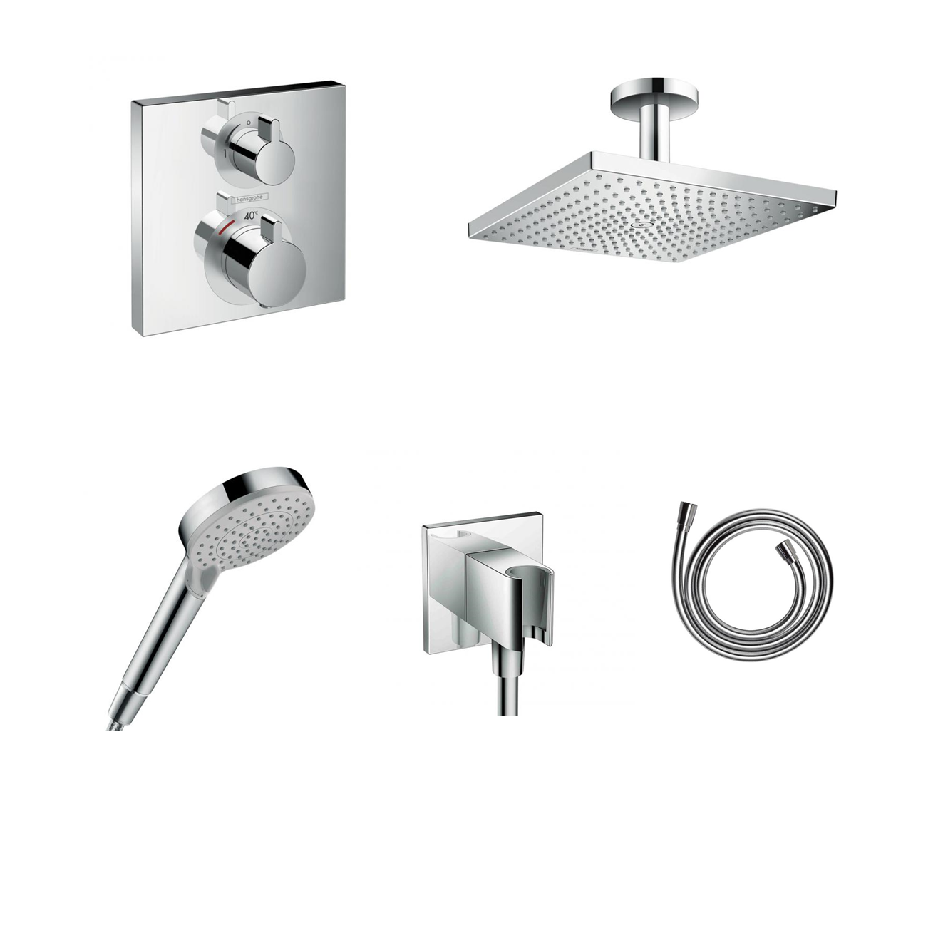 Ensemble de douche à encastrer Hansgrohe Ecostat Square avec raccordement au plafond ou au mur et support de douchette 2 en 1 avec coude de raccordement