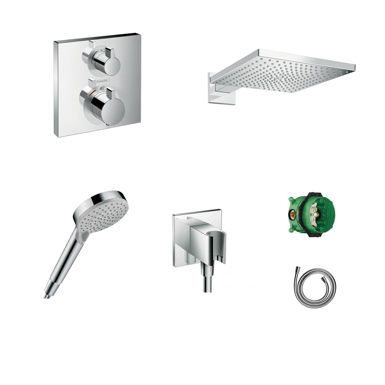 Hansgrohe Ecostat Square concealed shower set with ceiling or wall connection and 2-in-1 hand shower holder including connection elbow