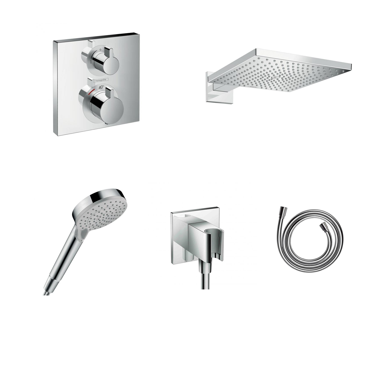 Ensemble de douche à encastrer Hansgrohe Ecostat Square avec raccordement au plafond ou au mur et support de douchette 2 en 1 avec coude de raccordement