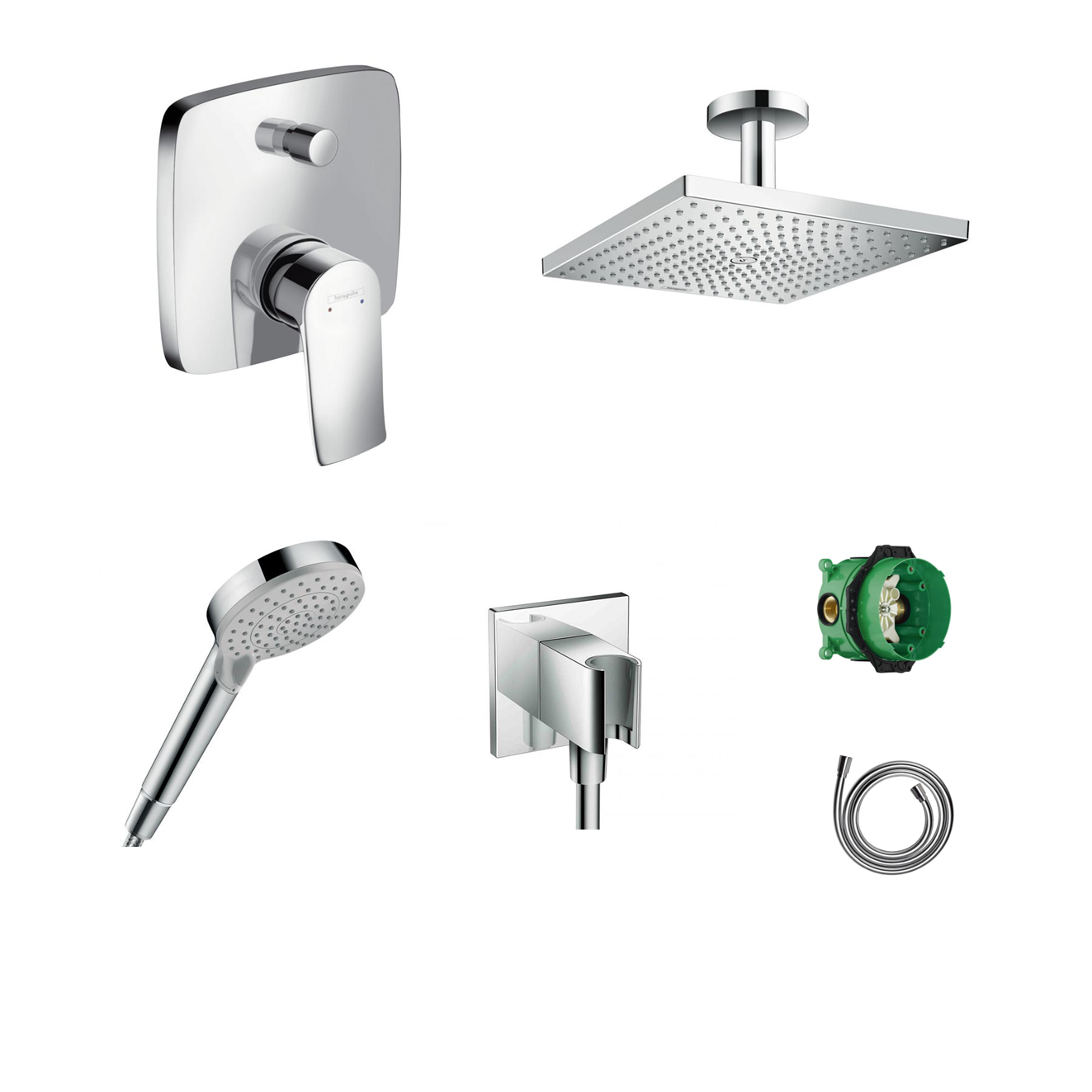 Hansgrohe Vivenis concealed shower set with ceiling or wall connection and 2-in-1 hand shower holder including connection elbow