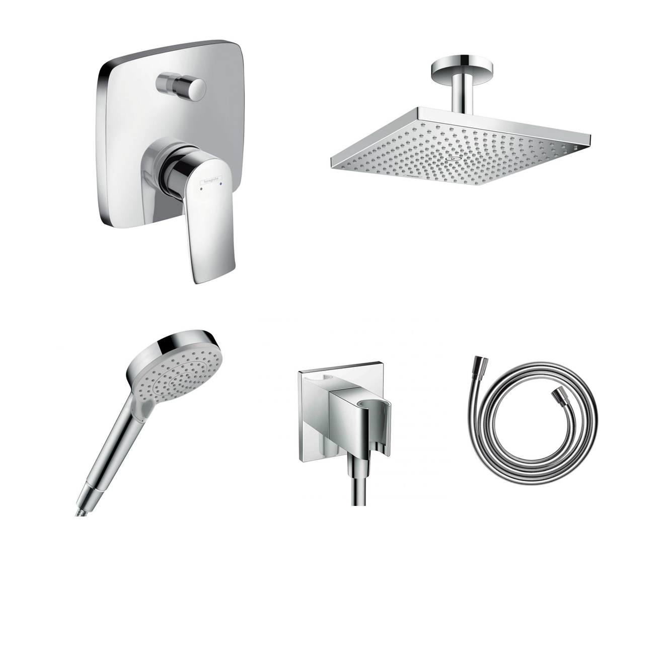 Hansgrohe Vivenis concealed shower set with ceiling or wall connection and 2-in-1 hand shower holder including connection elbow