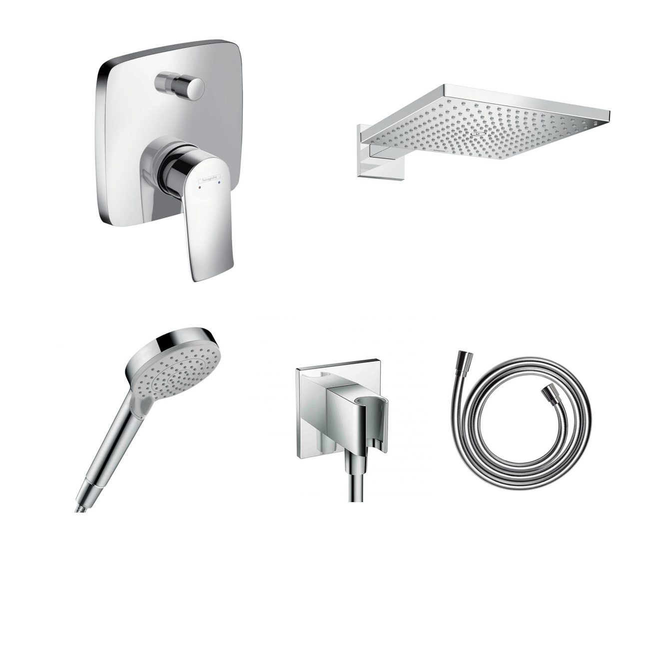 Hansgrohe Vivenis concealed shower set with ceiling or wall connection and 2-in-1 hand shower holder including connection elbow