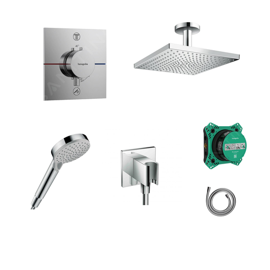 Hansgrohe Ecostat Square concealed shower set with ceiling or wall connection and 2-in-1 hand shower holder including connection elbow